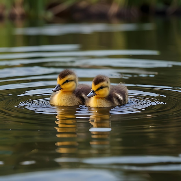 Photo a duck is swimming in the water with the ducklings in the background