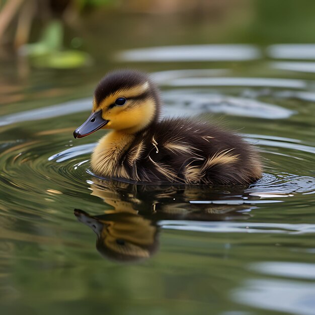 a duck is swimming in the water with the ducklings in the background