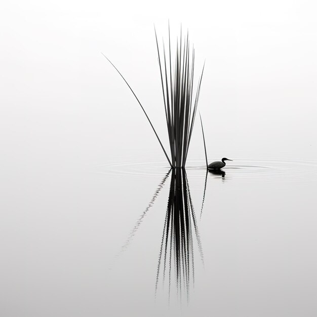 A duck is swimming in the water with a reed in the foreground.