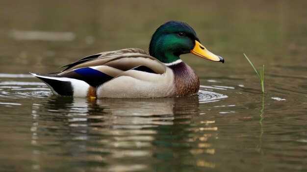 a duck is swimming in the water with a yellow beak