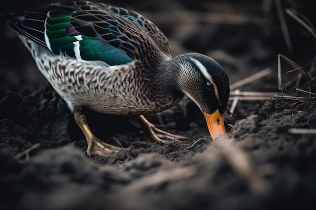 A duck looking for food in a muddy area