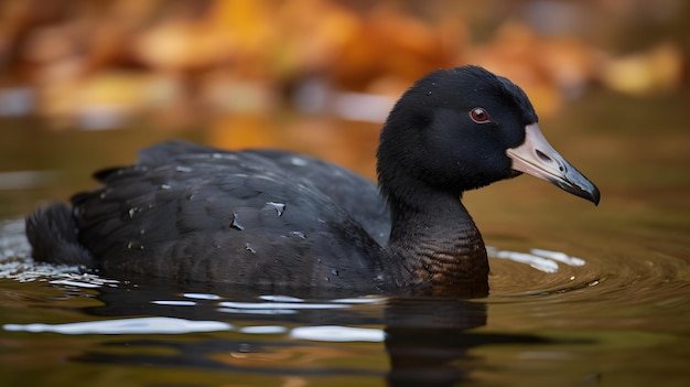 A duck in a pond with autumn leaves on the ground