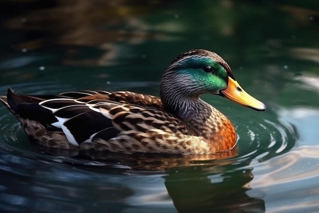 A duck in a pond with a green head and white feathers.