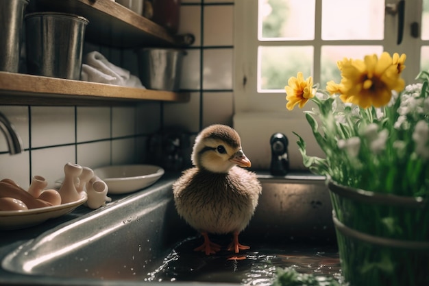 A duck in a sink with flowers in the background