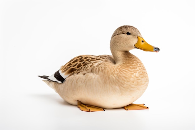 a duck sitting on a white surface with a white background