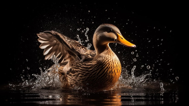 A duck splashes in the water with its wings spread.