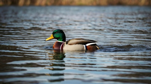 a duck swimming in a pond with the reflection of the duck in the water