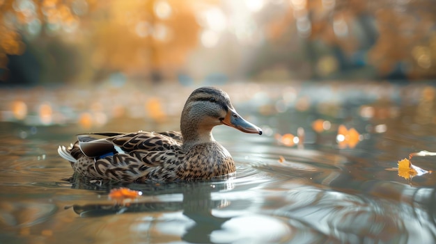 Duck swimming in tranquil waters at bird sanctuary in autumn