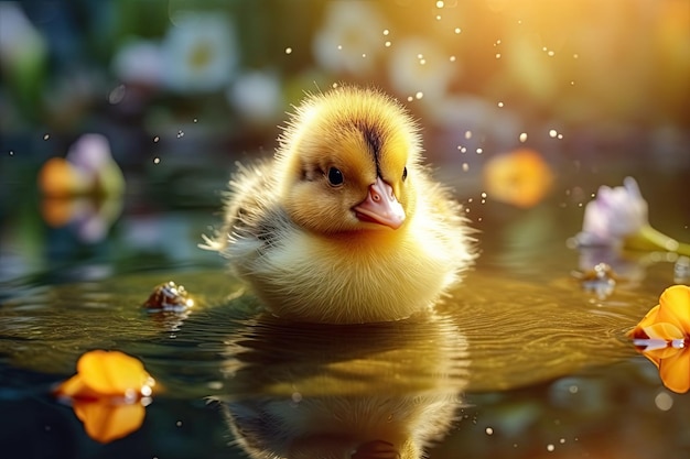 A duck swims in a pond with water drops on it.