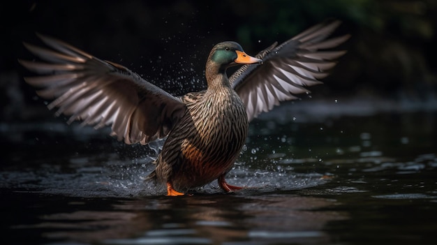 A duck in the water with its wings spread