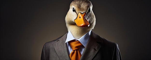 a duck wearing a suit with a tie that says duck