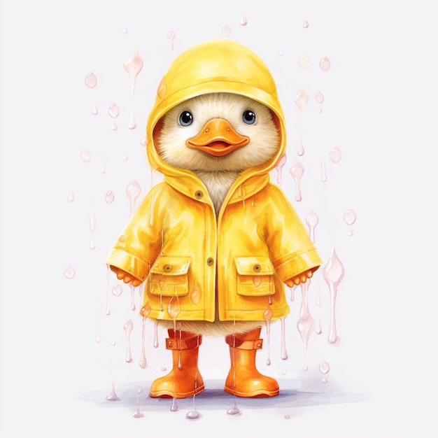 A duck wearing a yellow raincoat and a yellow raincoat.