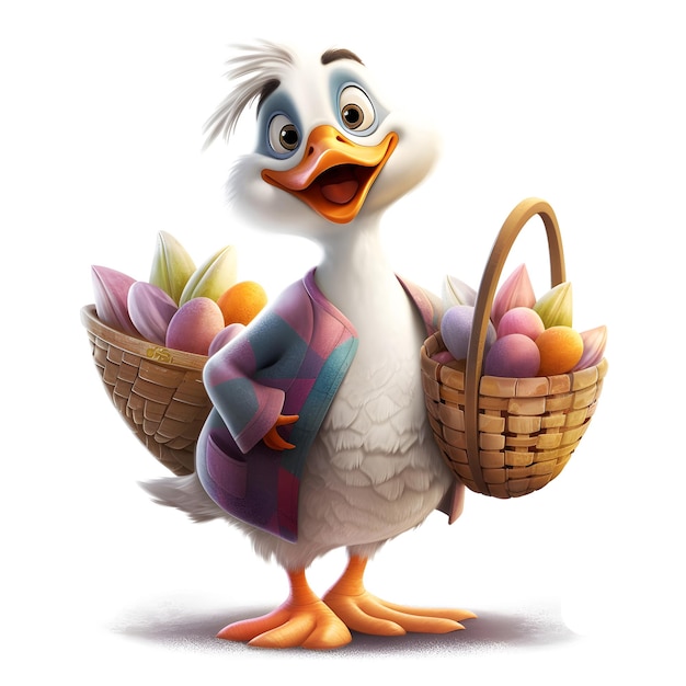 A duck with baskets of eggs and a basket of fruit.