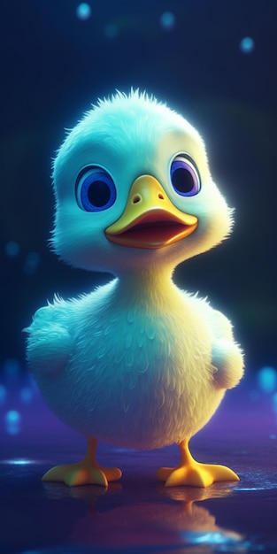 A duck with blue eyes stands on a purple background.