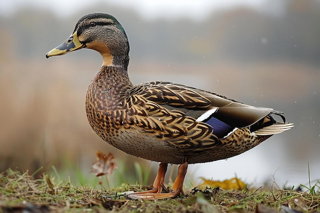 Photo a duck with a blue and yellow beak is standing on the grass