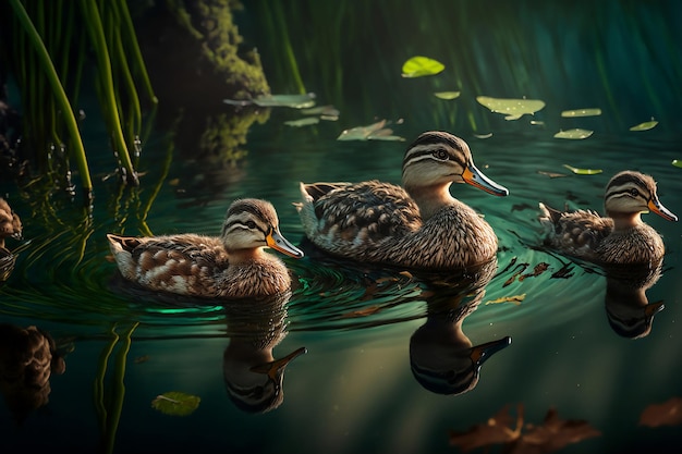 duck with ducklings swimming in a pond created using generative ai