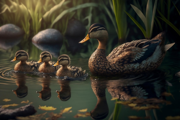 duck with ducklings swimming in a river created using generative ai