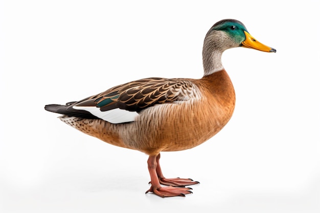 A duck with a green head and blue eyes stands on a white background.