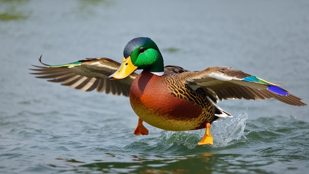 a duck with a green head and tail is flying in the water