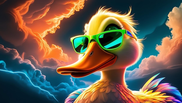 Duck with green sunglasses against colorful sky Quirky and fun image for summer travel or animalt