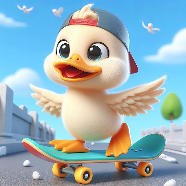 a duck with a hat on and a skateboard with a duck on it