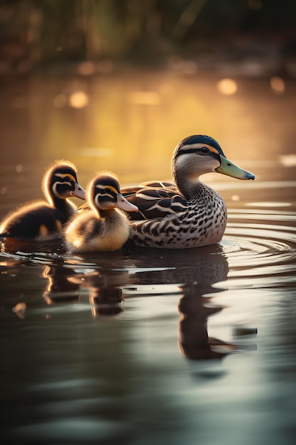 A duck with her ducklings on a pond