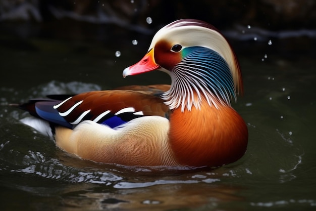 A duck with a red beak is swimming in a pond.