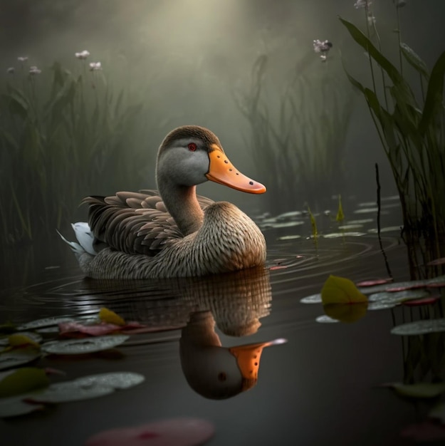 A duck with a red eye is swimming in a pond.