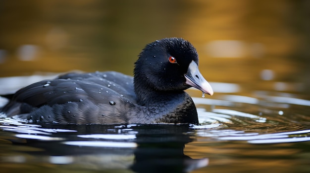 A duck with a red eye is swimming in a pond.