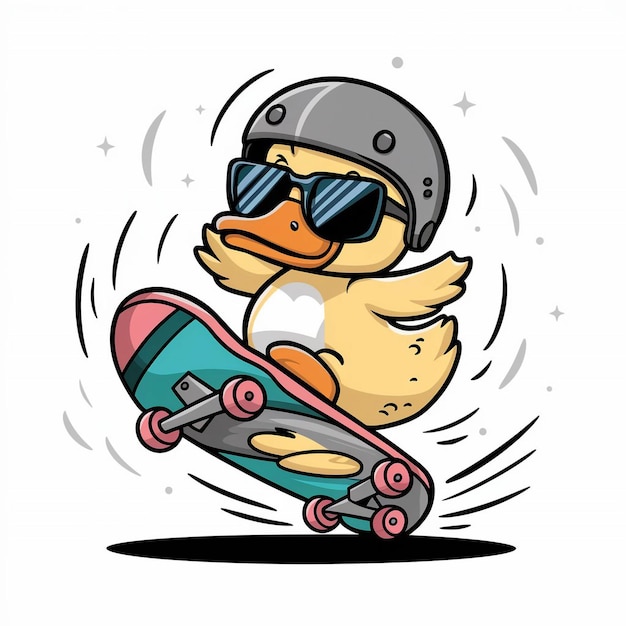 a duck with sunglasses on his head is riding a skateboard