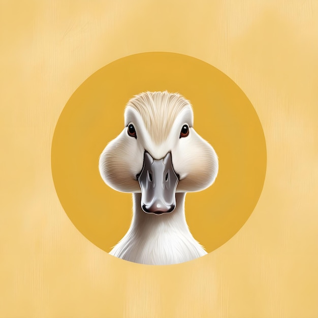 A duck with a yellow background that has a head that says duck on it