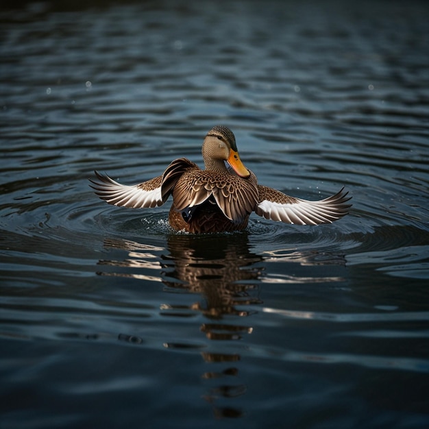 Photo a duck with a yellow beak is flying in the water