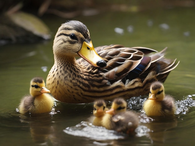 a duck with a yellow beak is swimming in a pond