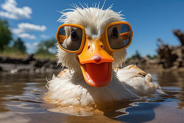 a duck with a yellow beak and orange eyes