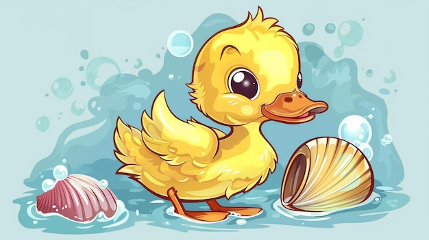 a duck with a yellow duck in the water and a egg in the background