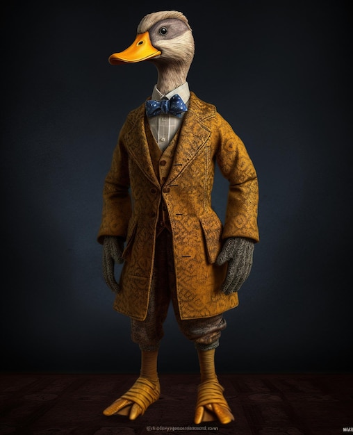 A duck with a yellow hat and a bow tie stands on a wooden floor.