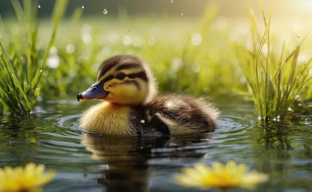 duckling is swimming in a pond