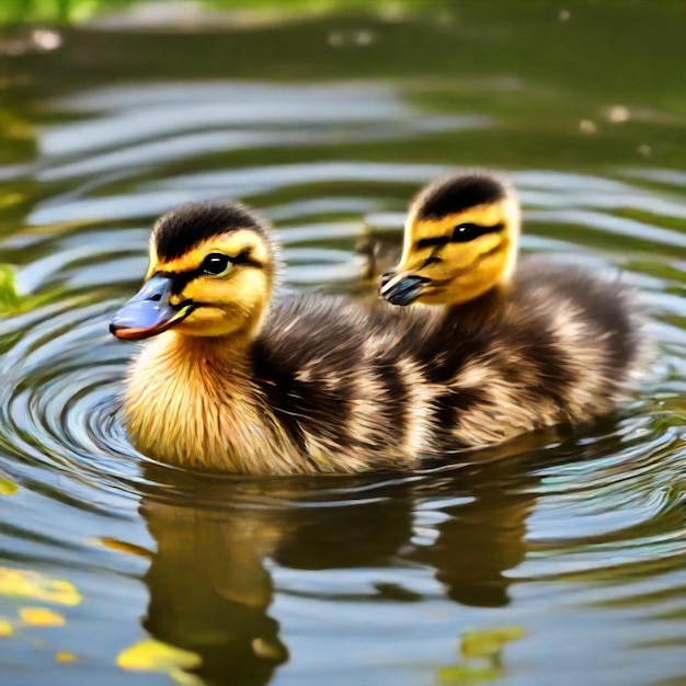 a duckling is swimming in the water with the ducklings