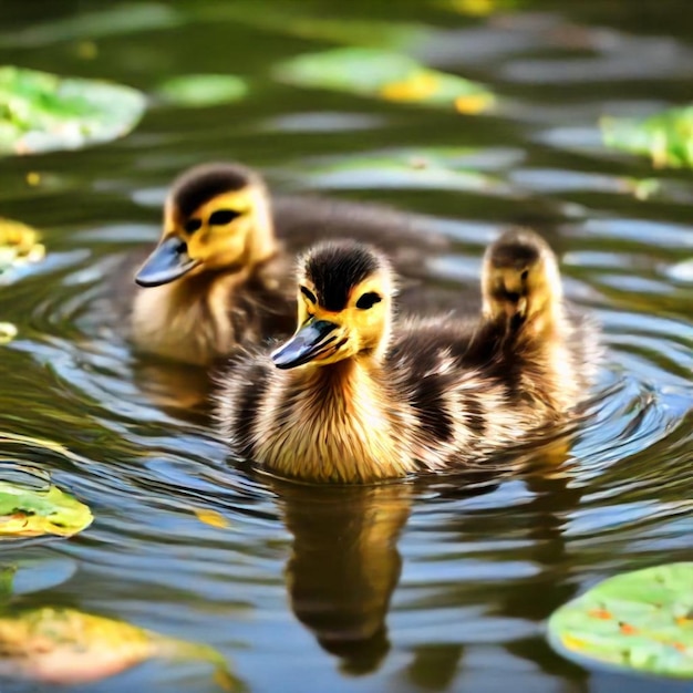 a duckling is swimming in the water with the ducklings