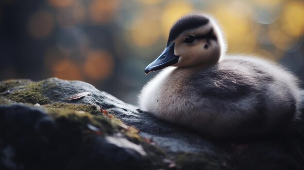 A duckling sitting on a rock