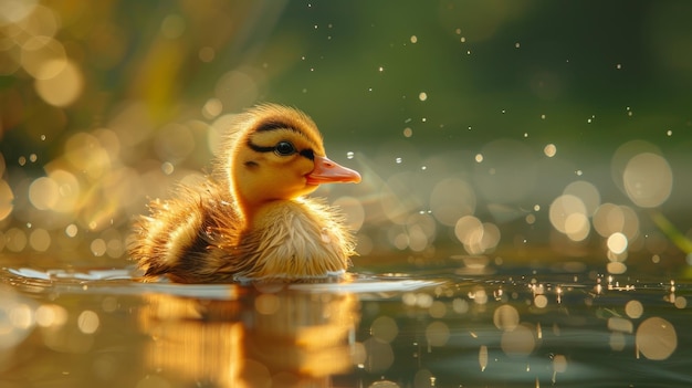 Photo duckling swimming in a pond on a sunny day