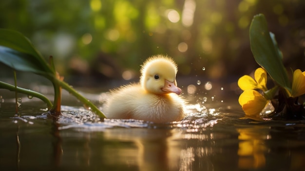 A duckling swimming in a pond with yellow flowers