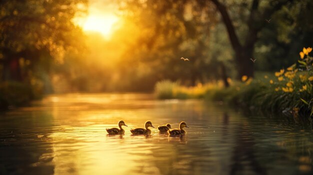 Photo ducklings at sunset