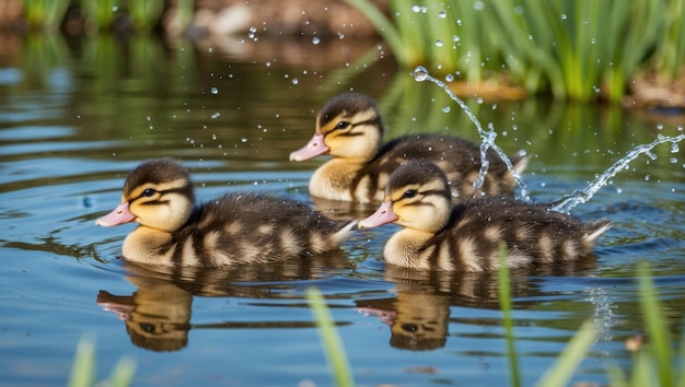 Photo ducklings swimming in a pond