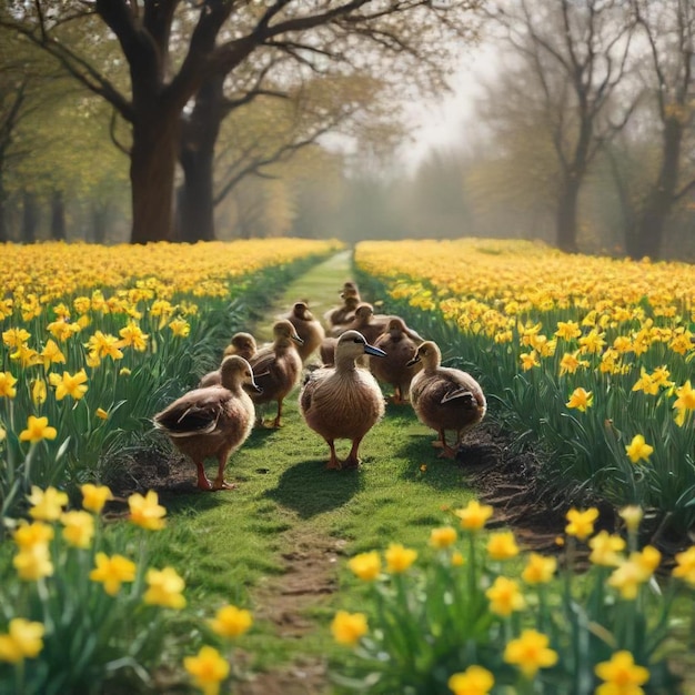 ducks are walking in a field of yellow daffodils