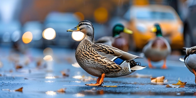 Ducks calmly watching from edge of busy urban road Concept Wildlife Observation Duck Behavior Urban Wildlife Roadside Encounters