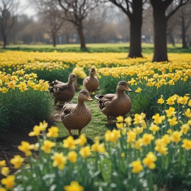 ducks in a field of yellow flowers with trees in the background