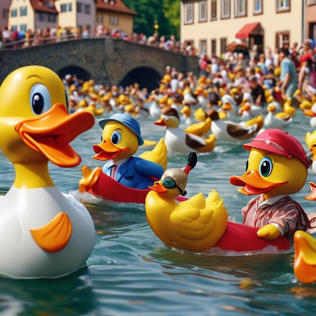 Ducks peacefully swim in a river as people can be seen in the background