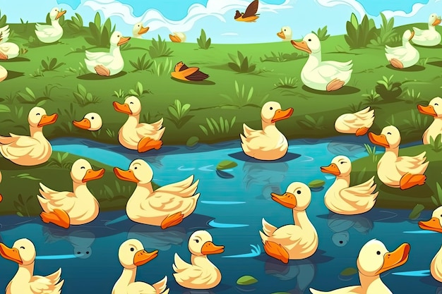 Ducks peacefully swimming on a tranquil lake surface Generative AI