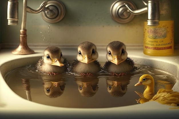 Ducks in a sink with a ducky on the side